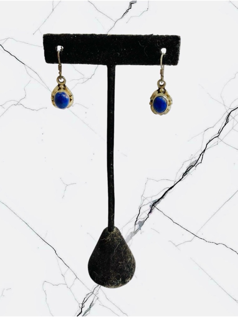 Vintage Sterling Silver Dangle Oval Blue Stone Lapis Lazuli ? Hook Earrings